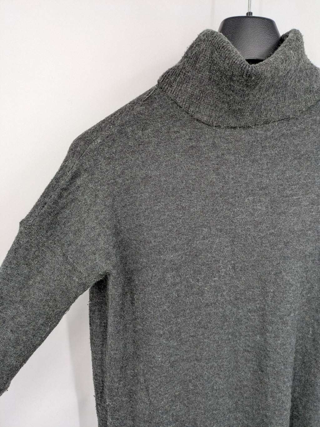 ONLY grey knitted midi dress with roll neck, long sleeves, and side slits.