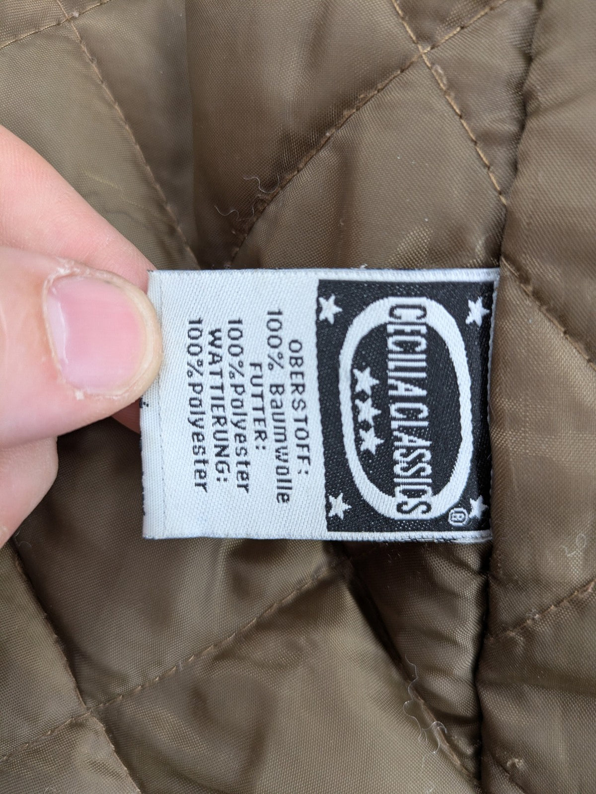 Cecilia Classics brown jacket quilted cotton with adjustable waist and zipper-button closure.