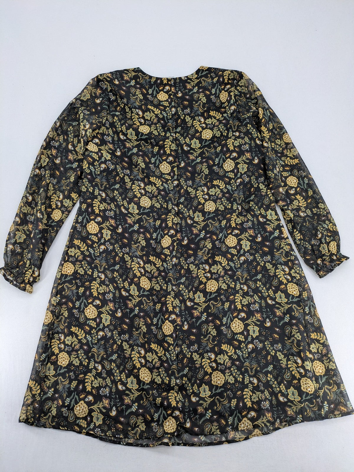 AproductZ cream bridal party dress with floral pattern, long transparent sleeves, V-neck.