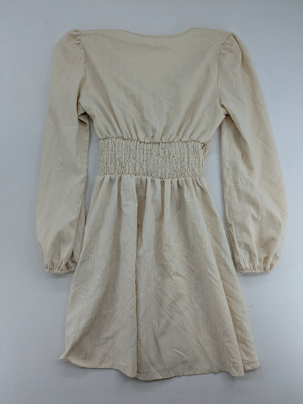 SHEIN beige bridal party dress with V-neck, ruffled bodice, and bishop sleeves.