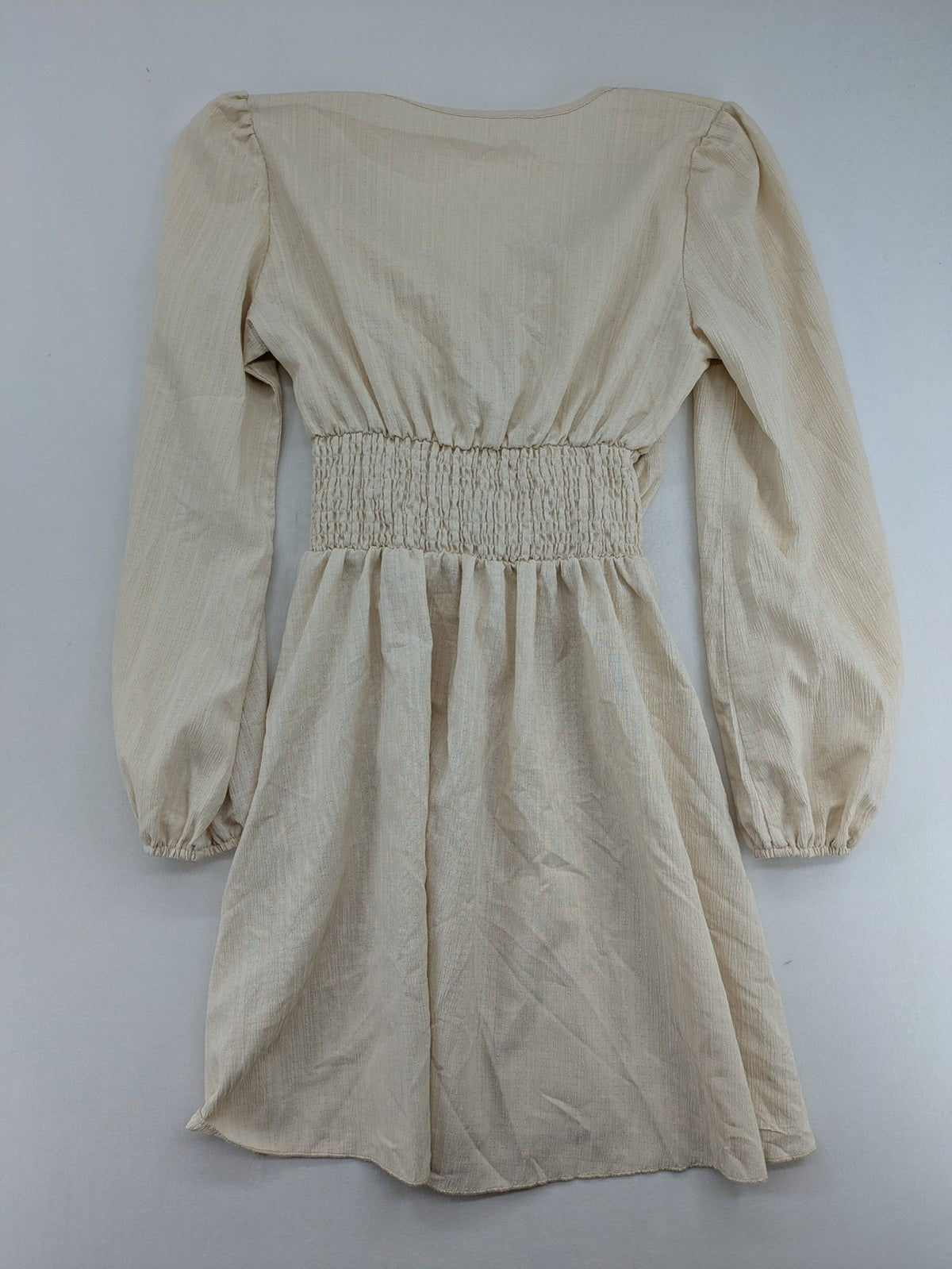 SHEIN beige bridal party dress with V-neck, ruffled bodice, and bishop sleeves.