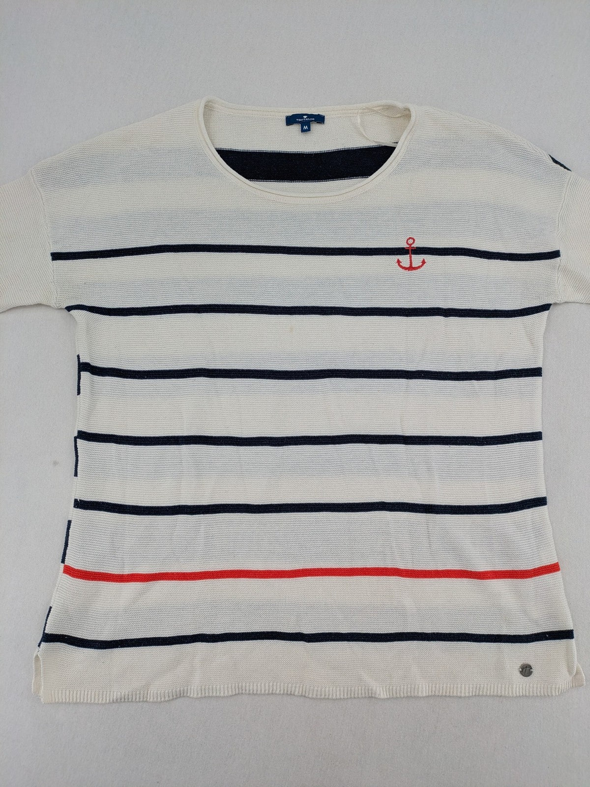 Tom Tailor cream turtle neck jumper with navy stripes and red accent, featuring anchor embroidery.