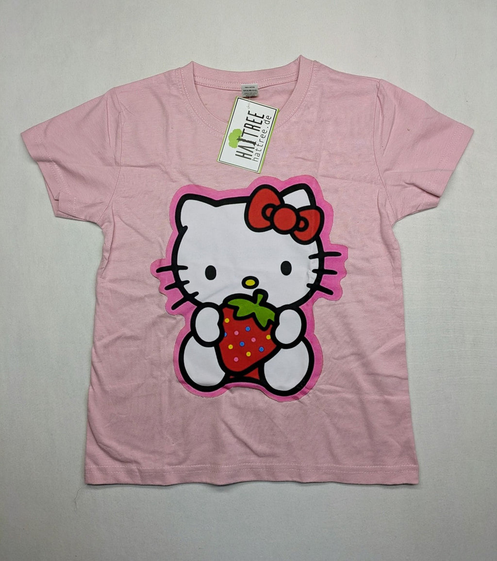 Hello Kitty multi T-shirt pink with large strawberry graphic and short sleeves.