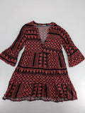 Tamaris boho tunic dress black red geometric pattern V-neck 3/4 bell sleeves