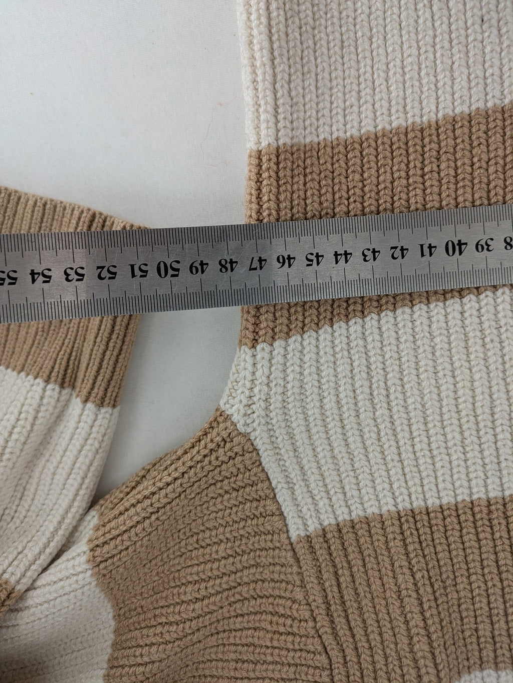 Bershka cream turtle neck jumper with brown and white striped pattern in ribbed knit.
