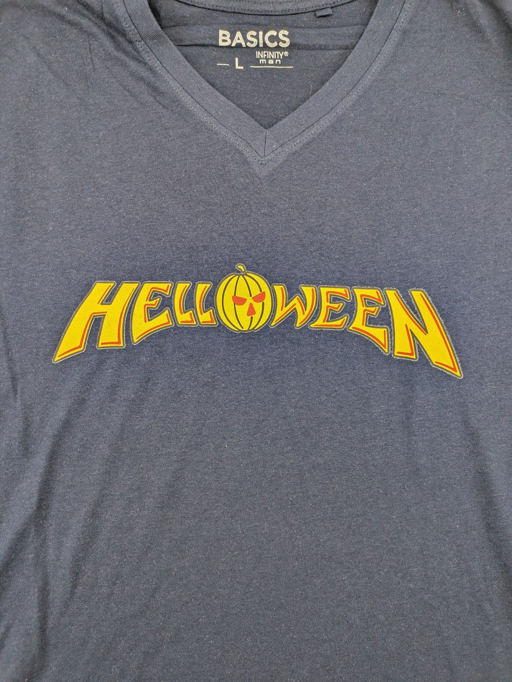 Helloween navy band T-shirt featuring iconic logo and pumpkin graphic, cotton material.