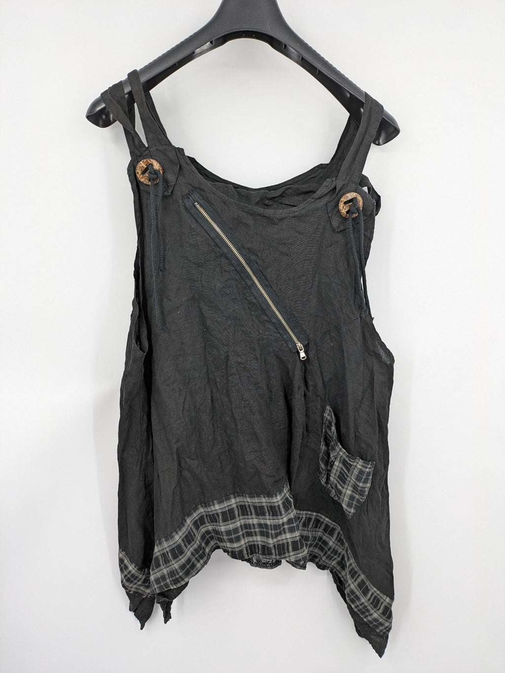 Lagenlook black linen bridal party dress asymmetrical cut with checkered hem and diagonal zipper.