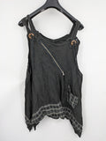 Lagenlook black linen bridal party dress asymmetrical cut with checkered hem and diagonal zipper.