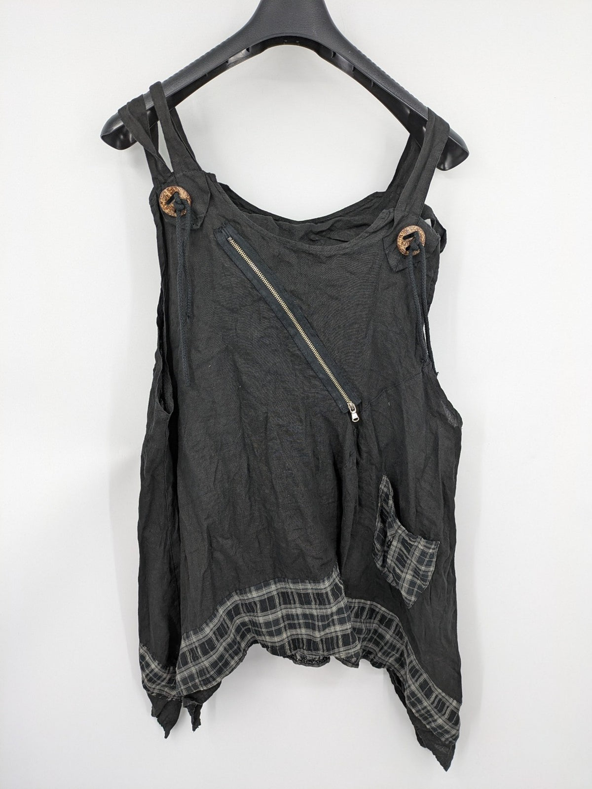 Lagenlook black linen bridal party dress asymmetrical cut with checkered hem and diagonal zipper.
