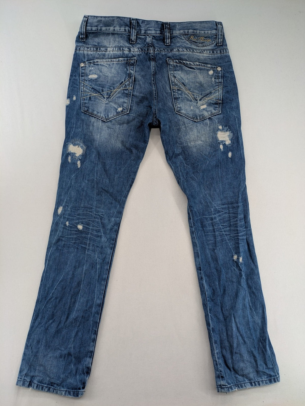 Red Bridge blue straight jeans distressed ripped design button fly five-pocket style
