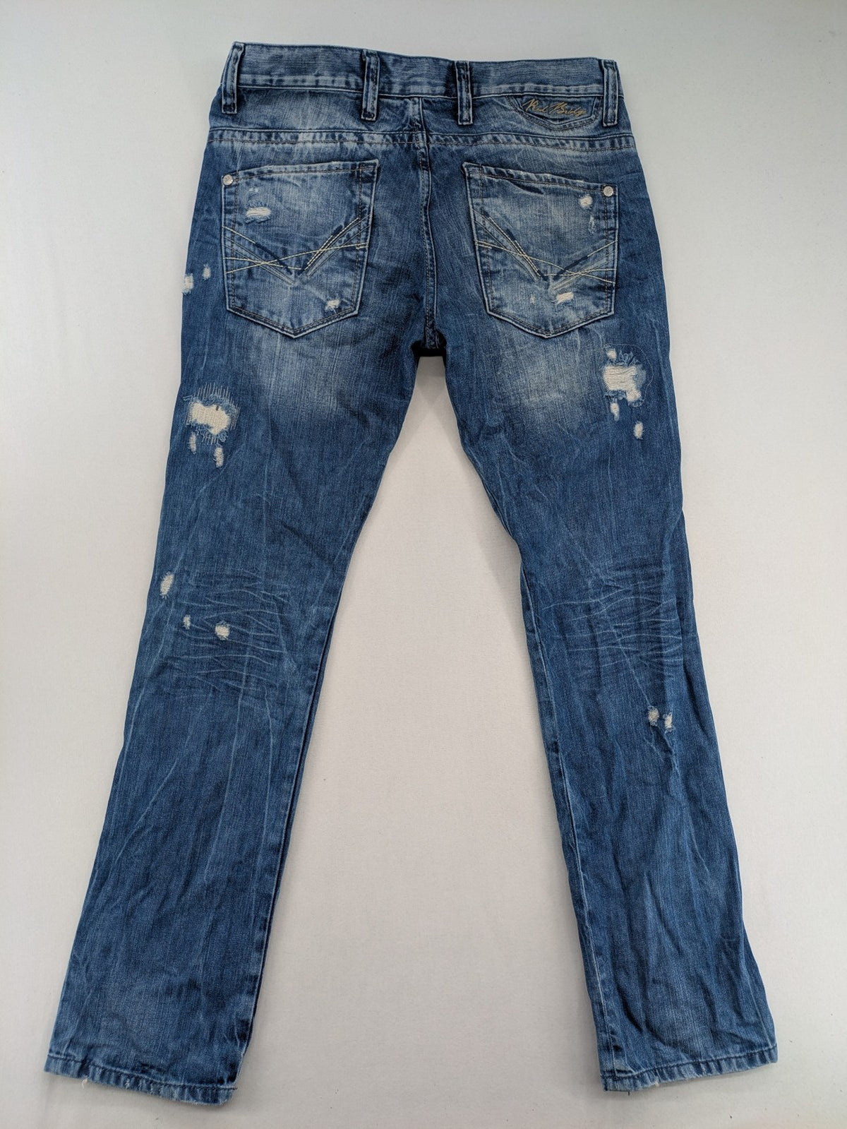 Red Bridge blue straight jeans distressed ripped design button fly five-pocket style