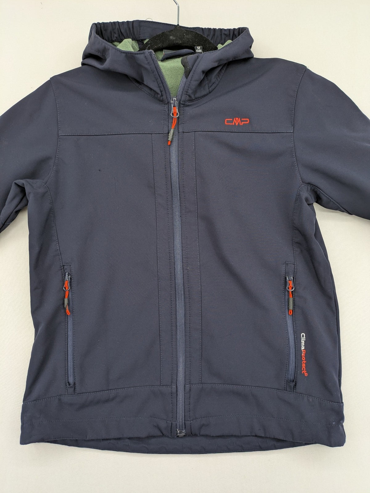 cmp green and navy softshell jacket with Clima Protect logo and fleece lining
