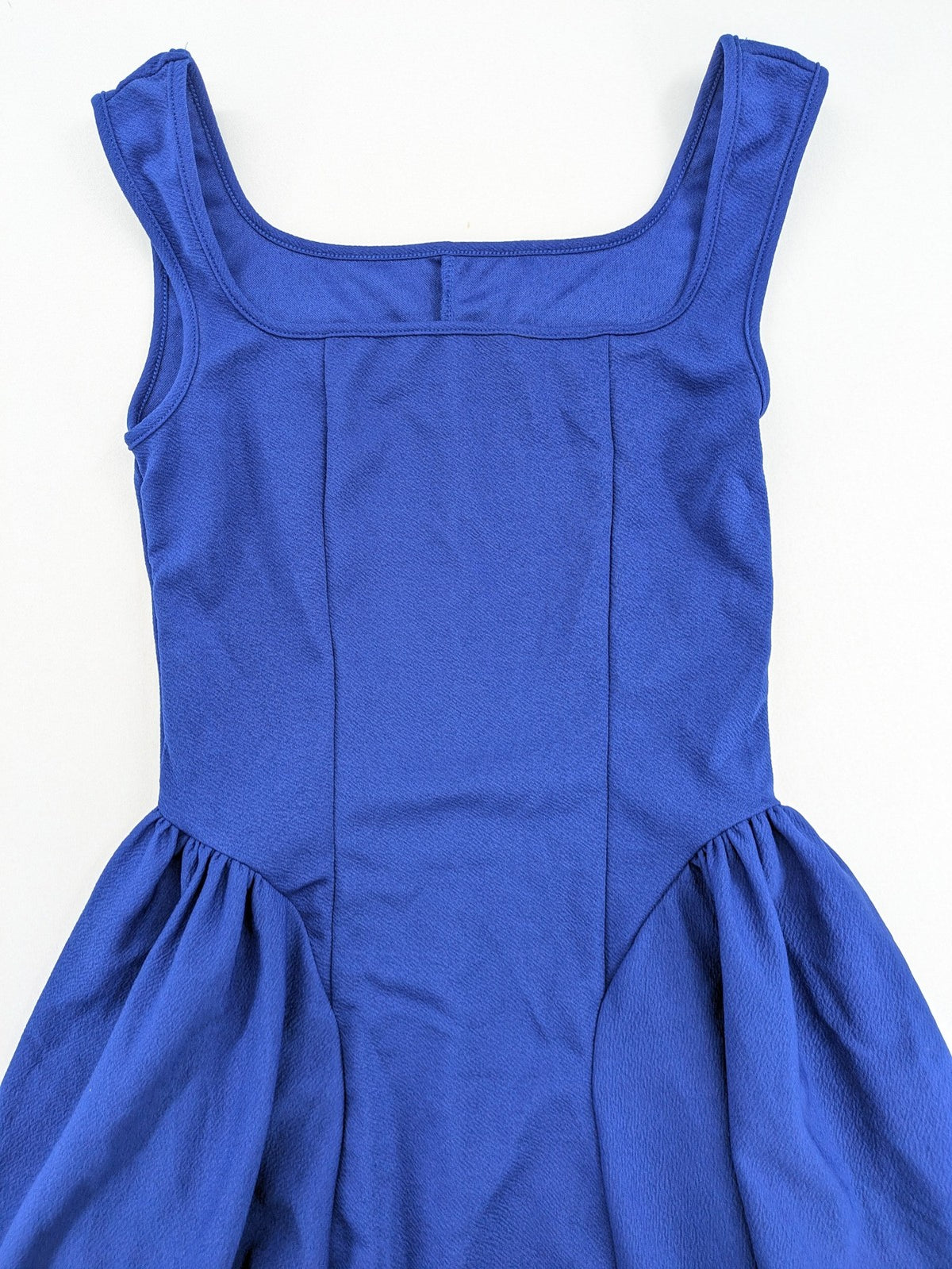 SHEIN blue skater dress A-line fit and flare, square neckline, sleeveless, textured fabric.