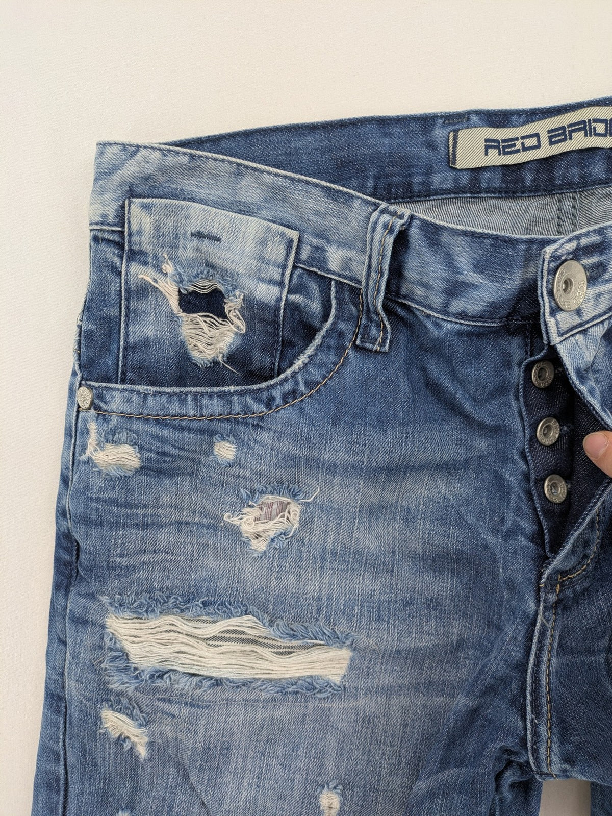 Red Bridge blue straight jeans distressed ripped design button fly five-pocket style