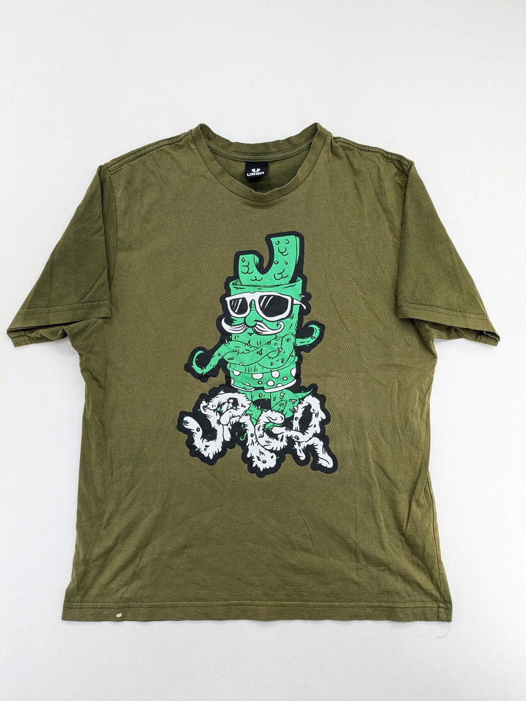 Urgh graphic t-shirt olive green large cactus print front, small logo detail back.