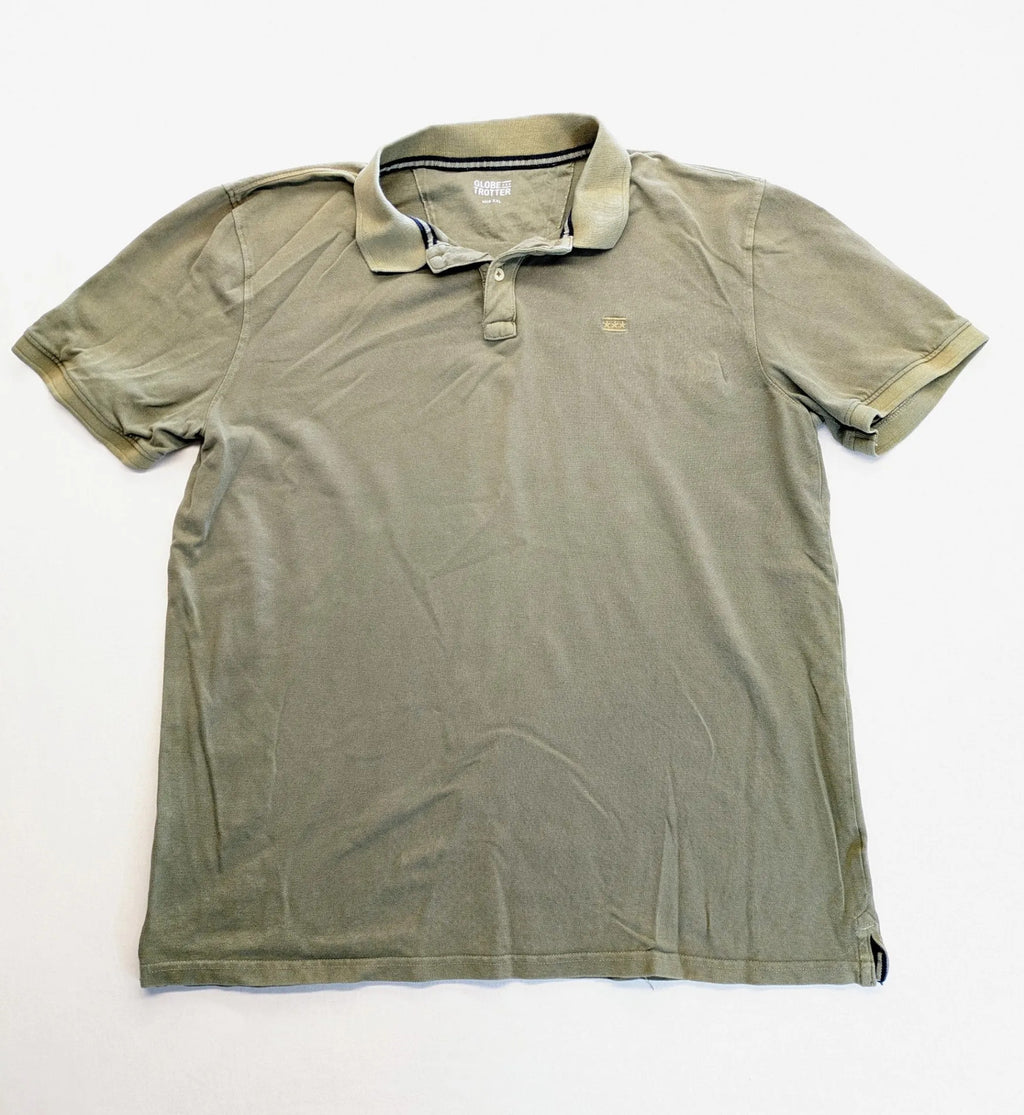 Globe-Trotter beige khaki polo shirt with classic collar and small chest logo.