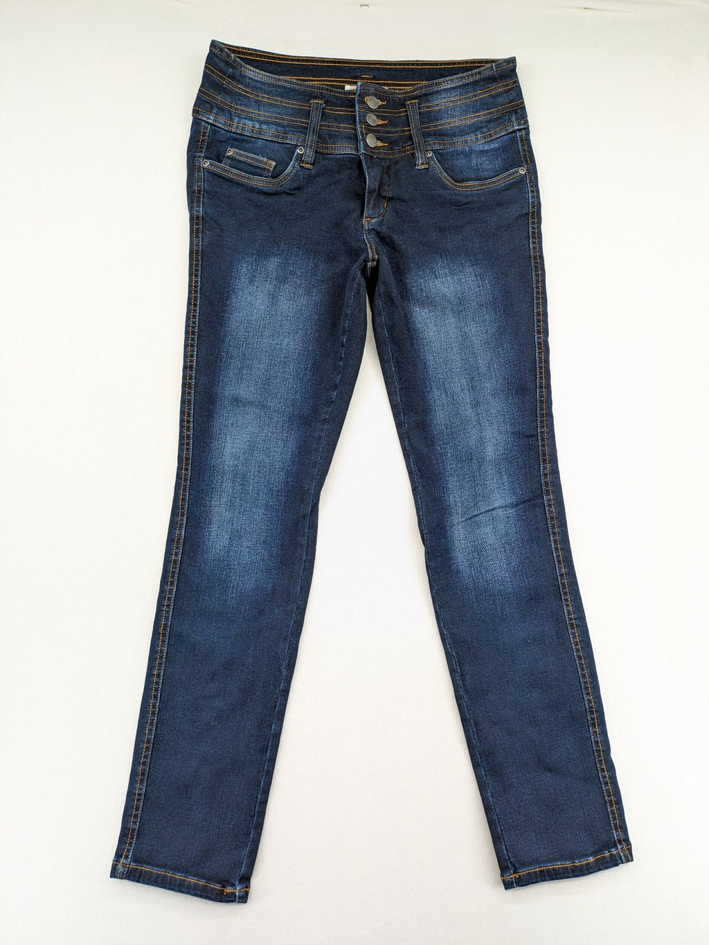 john baner blue high rise skinny jeans three-button fly subtle fading stretch denim