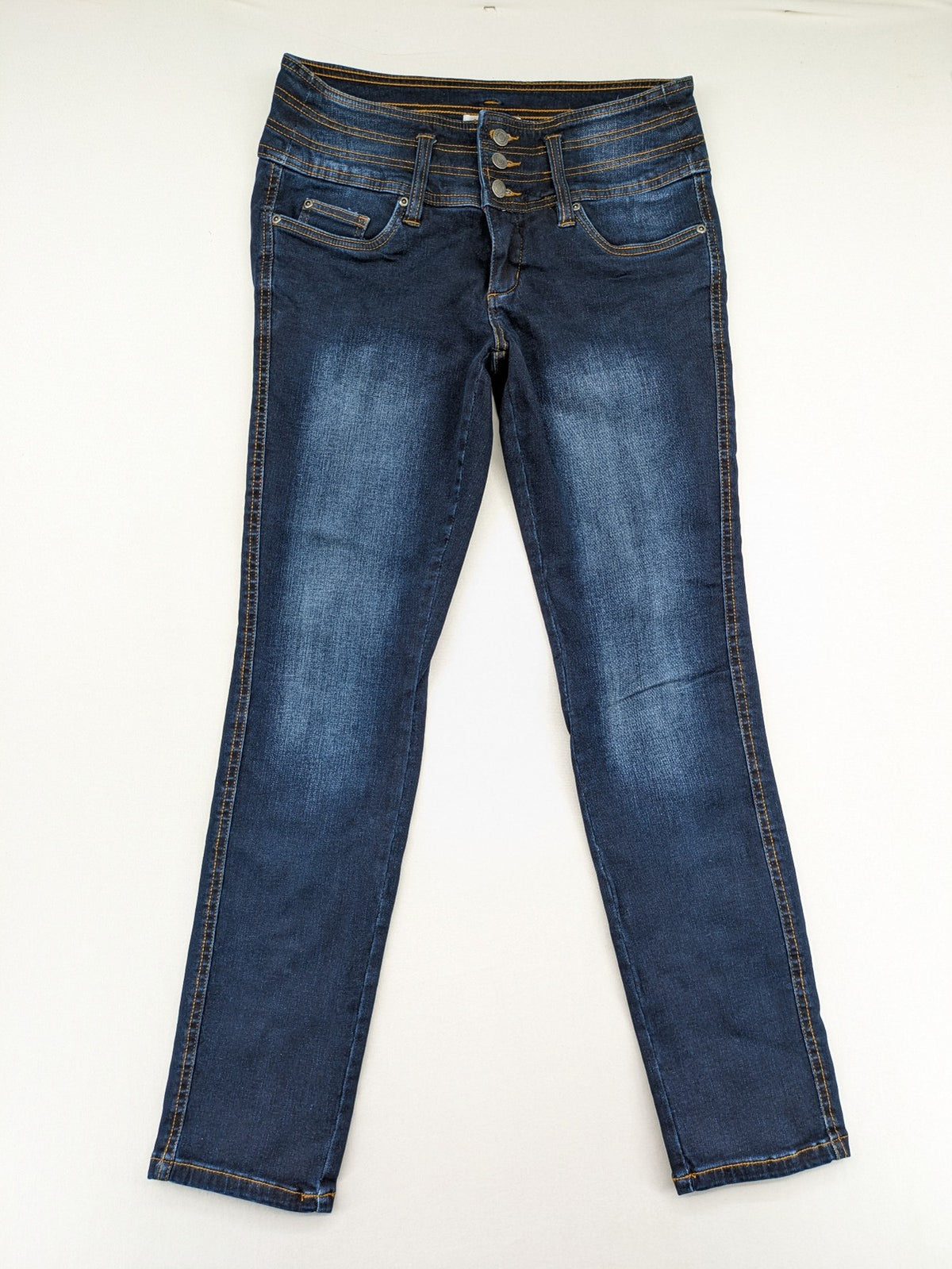 john baner blue high rise skinny jeans three-button fly subtle fading stretch denim
