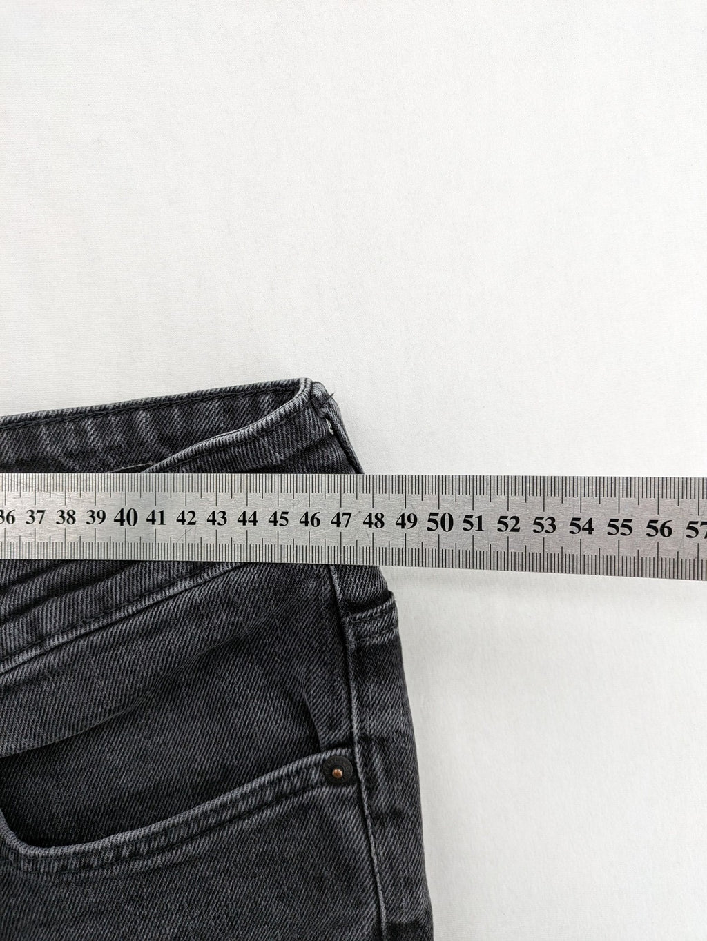 H&M grey straight jeans regular fit dark wash cotton blend with classic styling.