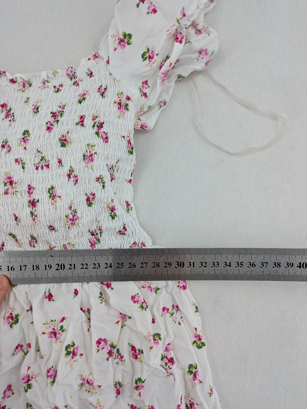 FB Sister floral playsuit white with pink flowers, smocked bodice, lightweight viscose material.
