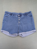 Bodyflirt blue high waist paperbag jeans shorts with button fly and rolled cuffs.