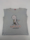 Peanuts brown vintage top with Snoopy and Charlie Brown illustration, rose gold text.
