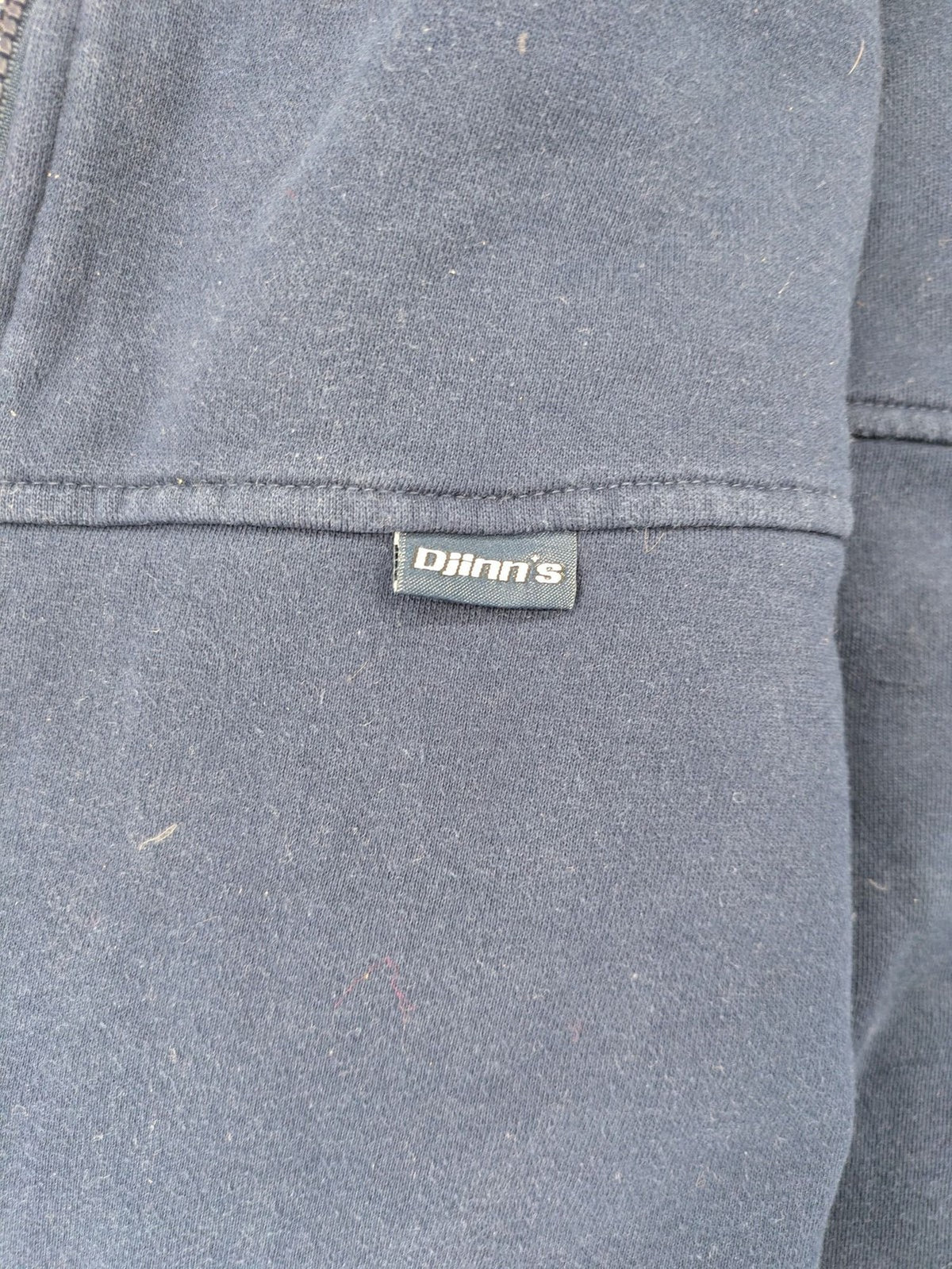 Djinns grey navy striped hoodie full zip with wooden button details and logo patches.