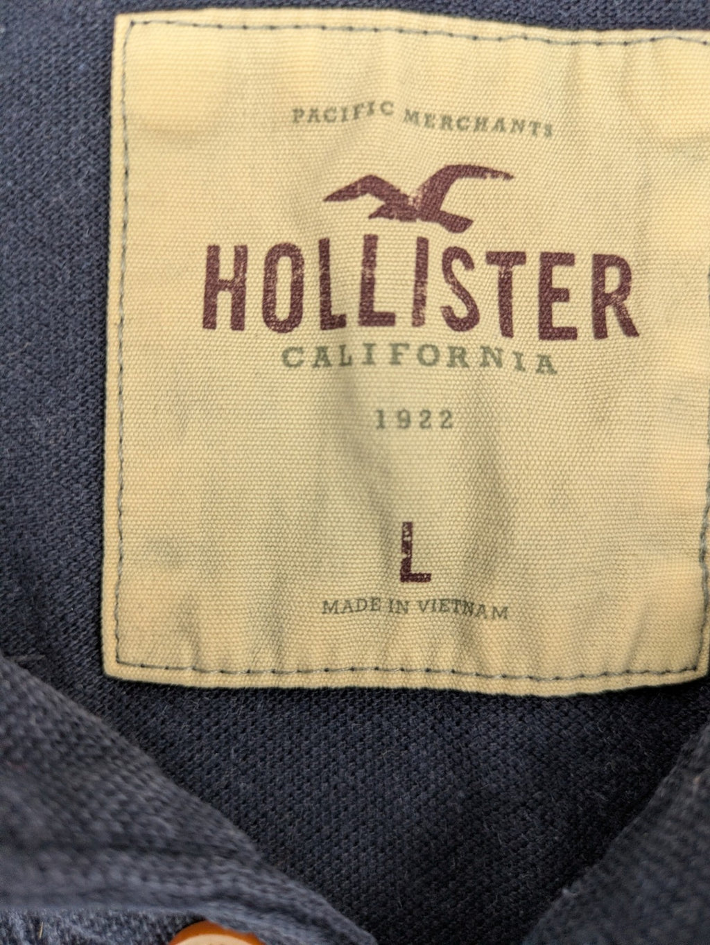 Hollister navy polo shirt with embroidered seagull logo and classic collar.