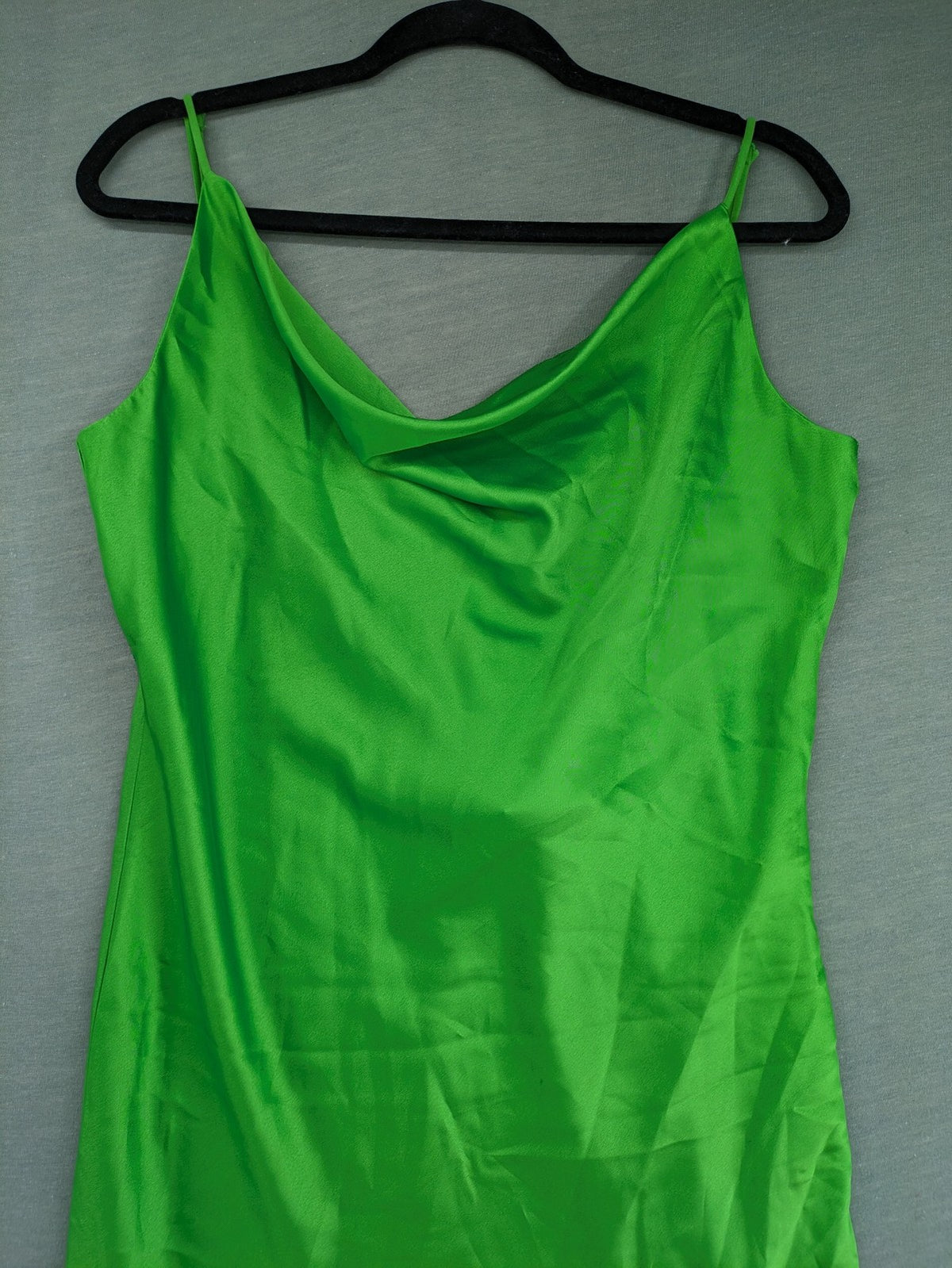 Amisu green satin slip dress with waterfall neckline and adjustable side ruching.