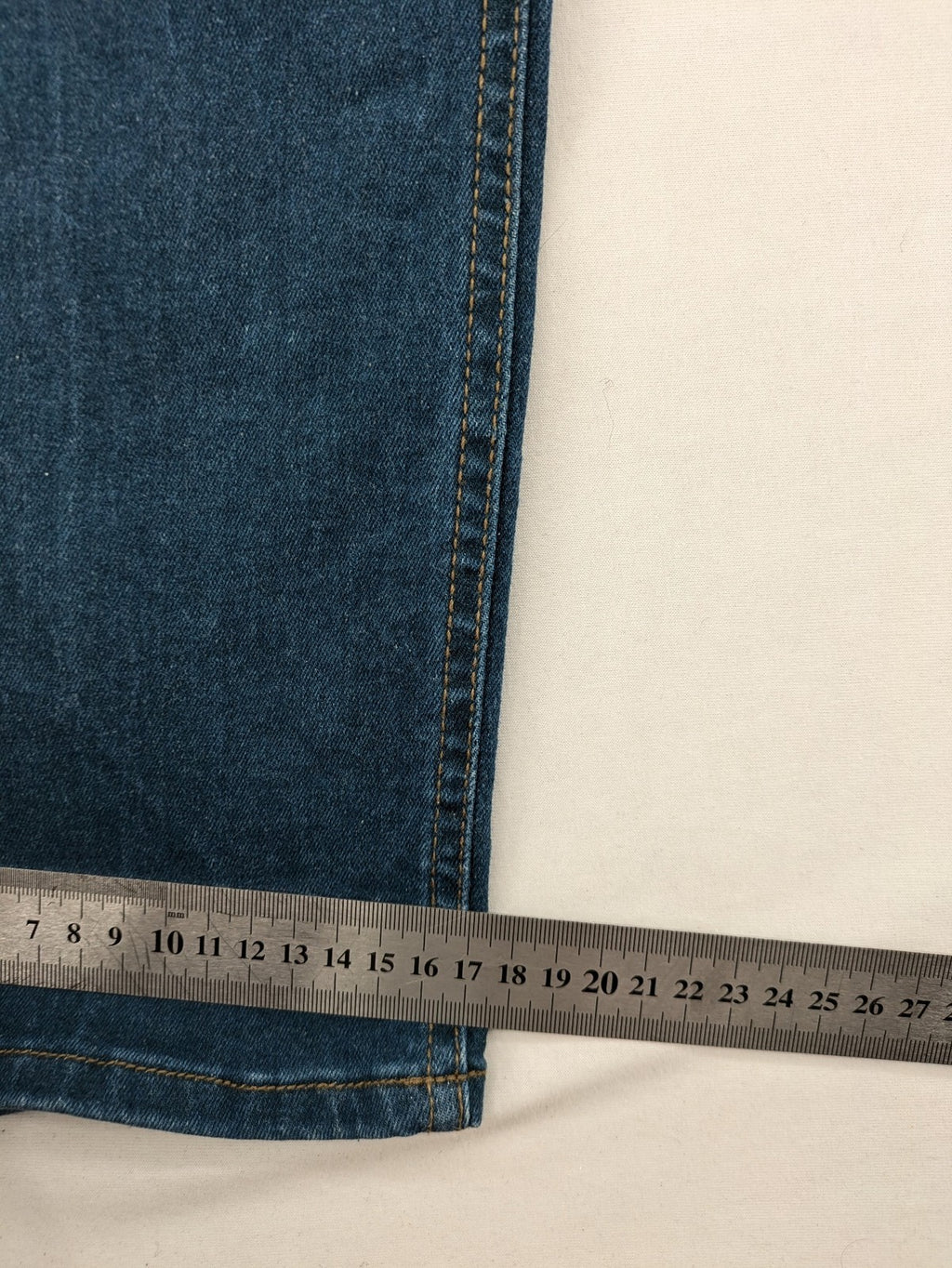 Denim & Co. blue straight fit jeans, classic 5-pocket design, button fly, cotton blend.