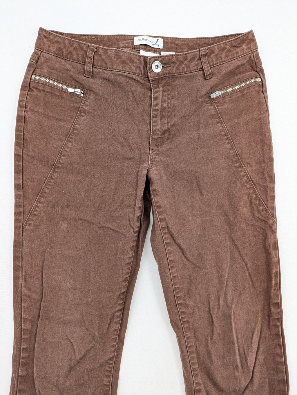 collection L brown pants cotton-stretch slim fit with diagonal zip pockets