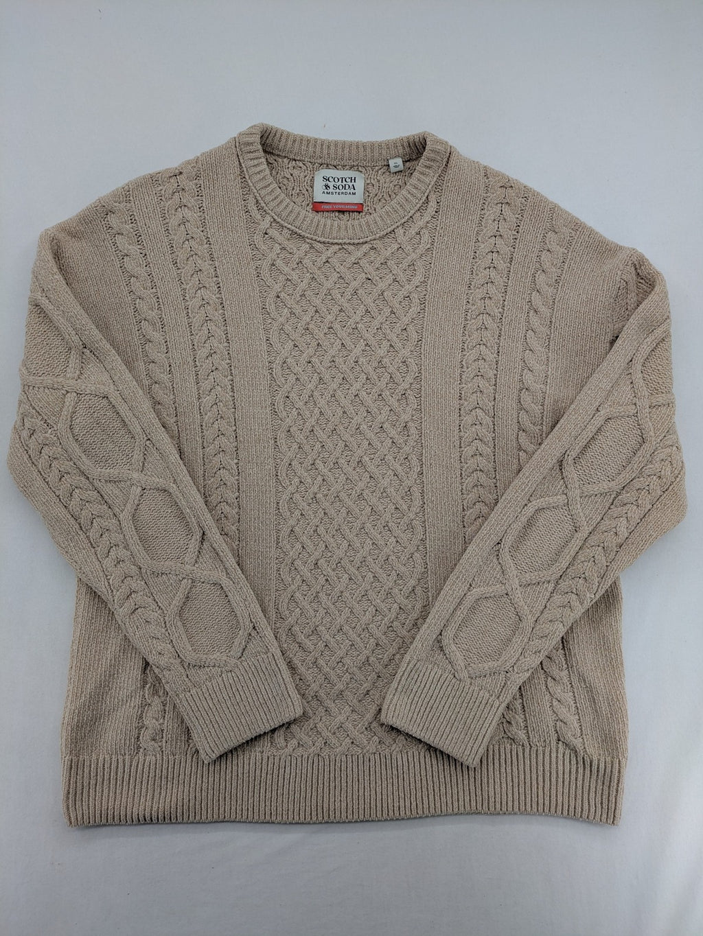 Scotch & Soda beige turtle neck jumper with intricate cable knit pattern.