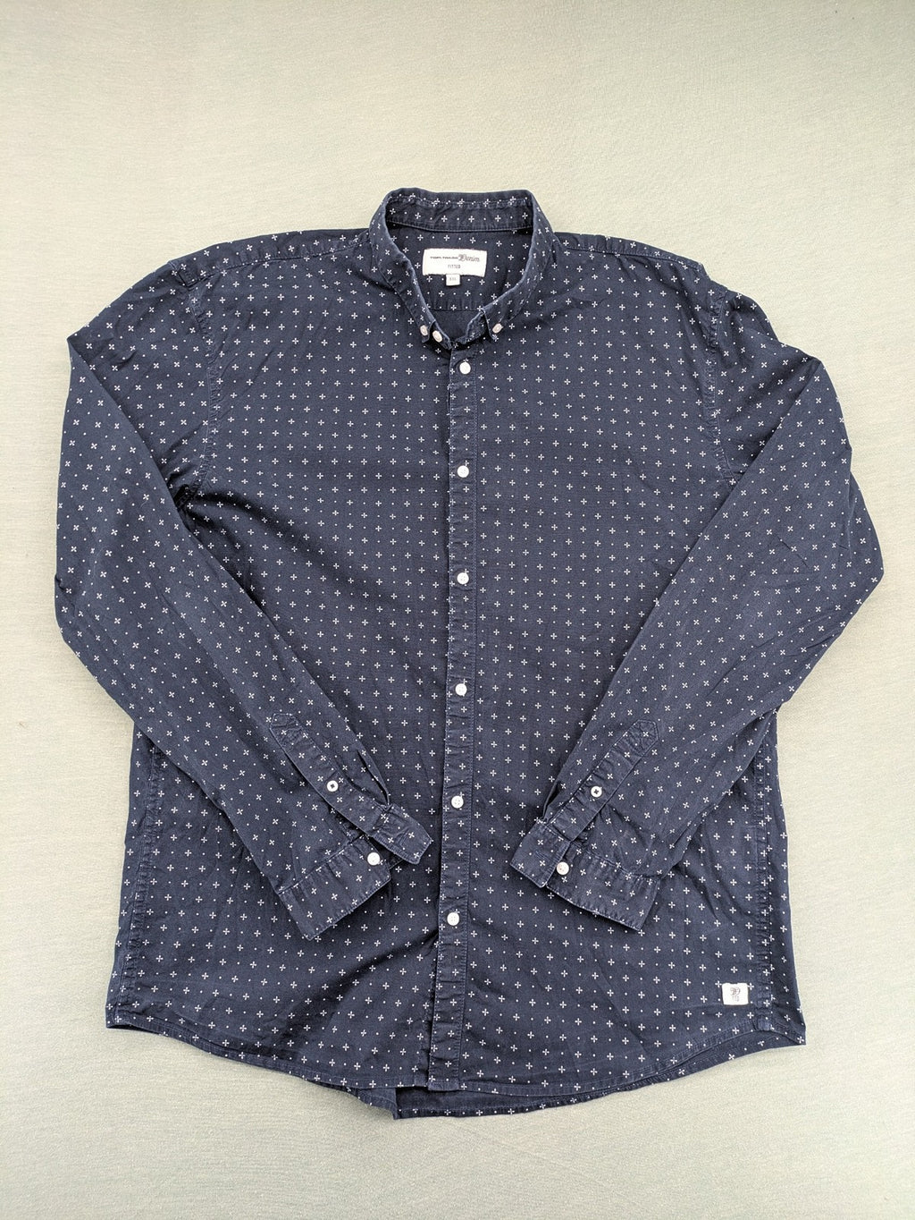 Tom Tailor Denim navy long sleeve shirt fitted cotton button-down with subtle allover pattern.