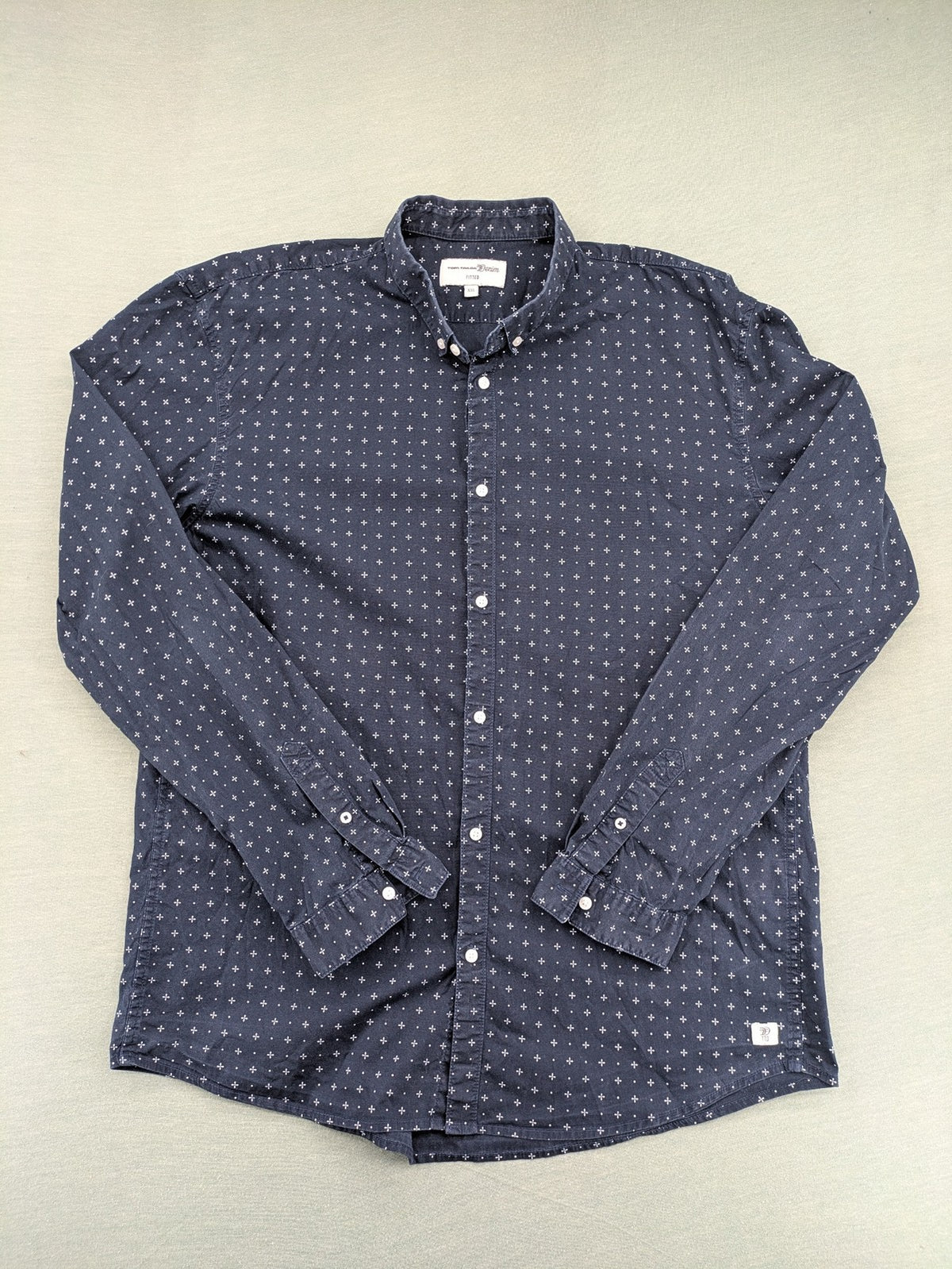 Tom Tailor Denim navy long sleeve shirt fitted cotton button-down with subtle allover pattern.