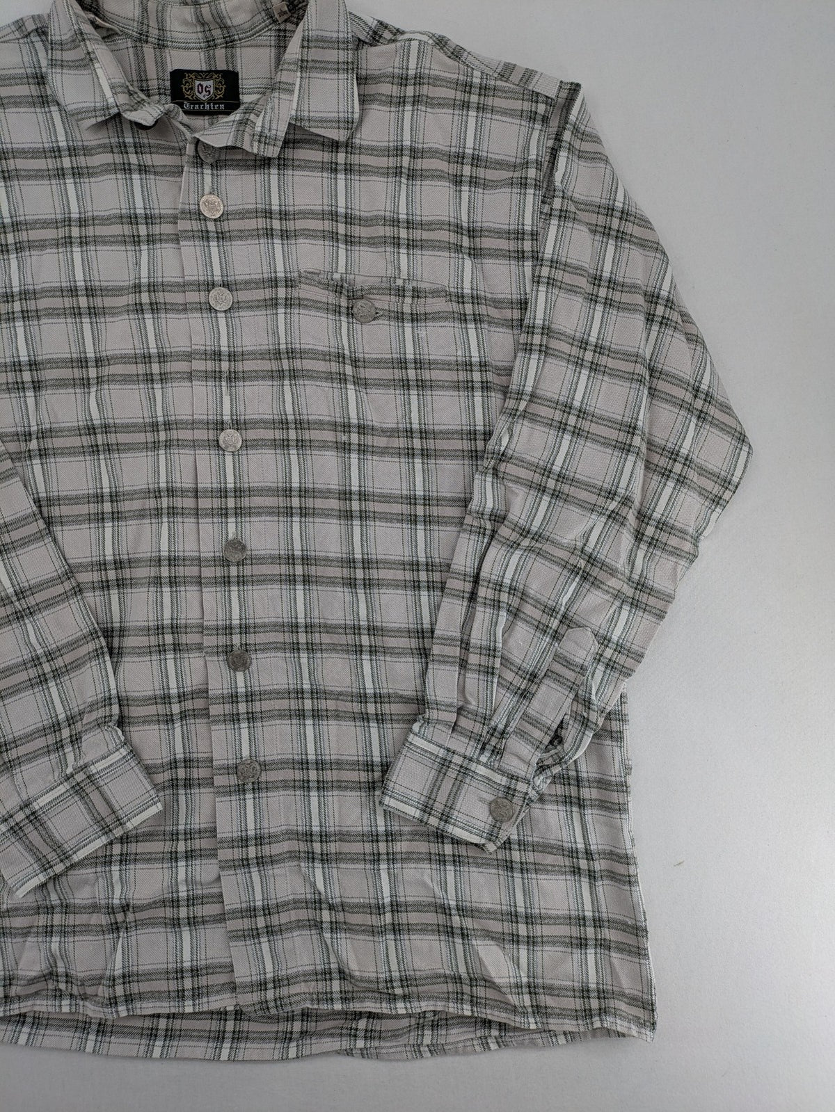 OS Trachten dirndl shirt grey green checkered cotton with decorative buttons and chest pocket