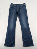 Mustang blue bootcut jeans with custom painted floral designs on both legs.