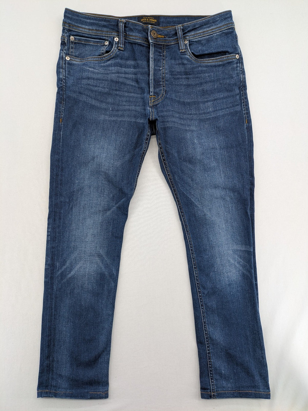Jack & Jones blue straight jeans Glenn Slim Fit with classic button fly and denim stretch.