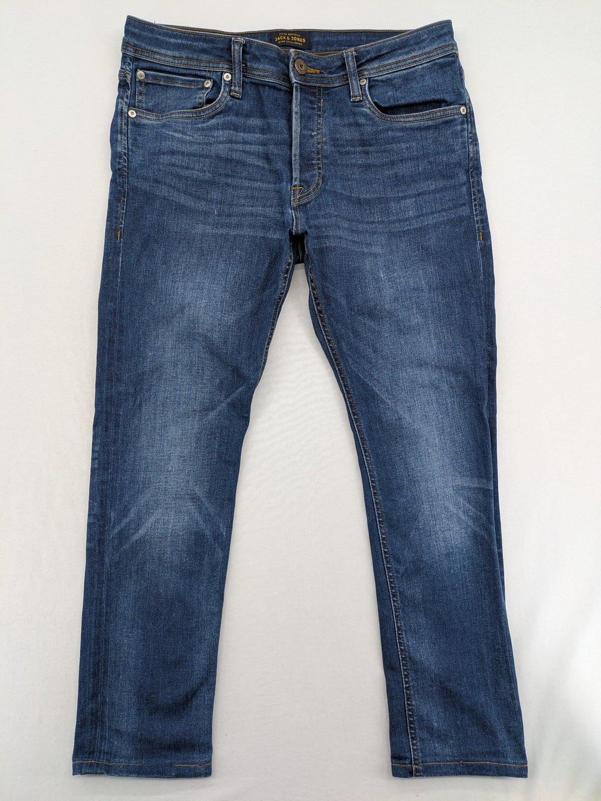 Jack & Jones blue straight jeans Glenn Slim Fit with classic button fly and denim stretch.