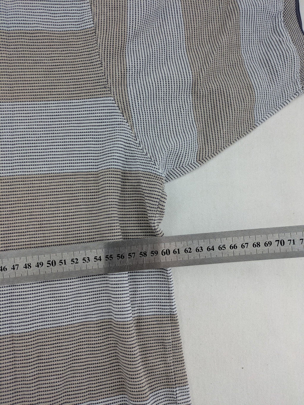 Mark Scot Collection grey and tan striped polo shirt with classic collar and logo.