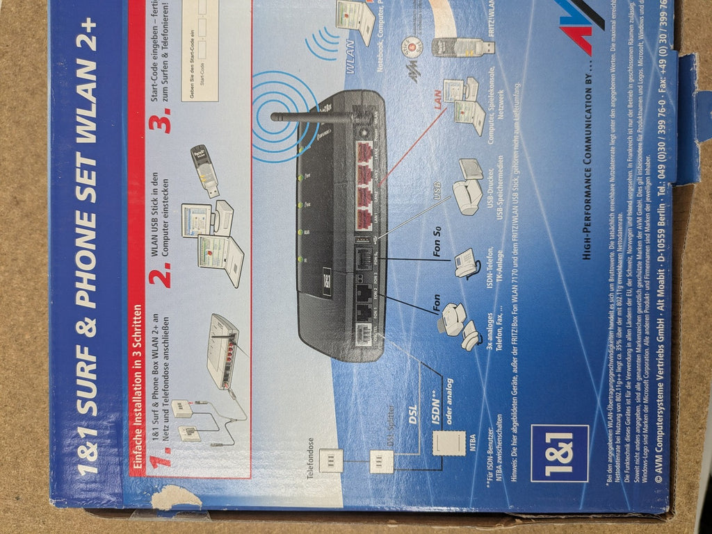 AVM VoIP gateway router blue with integrated DSL modem and phone system features.