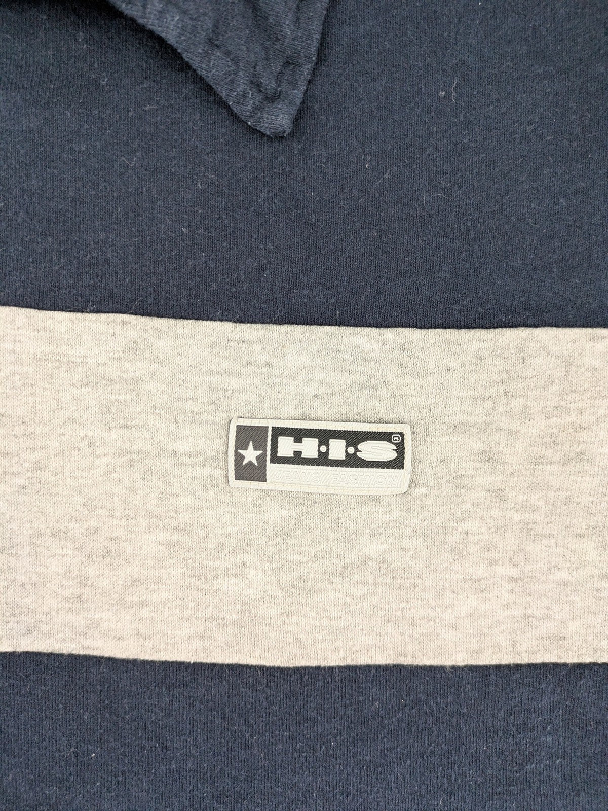 H.I.S navy turtle neck jumper with grey horizontal stripes and classic polo collar.