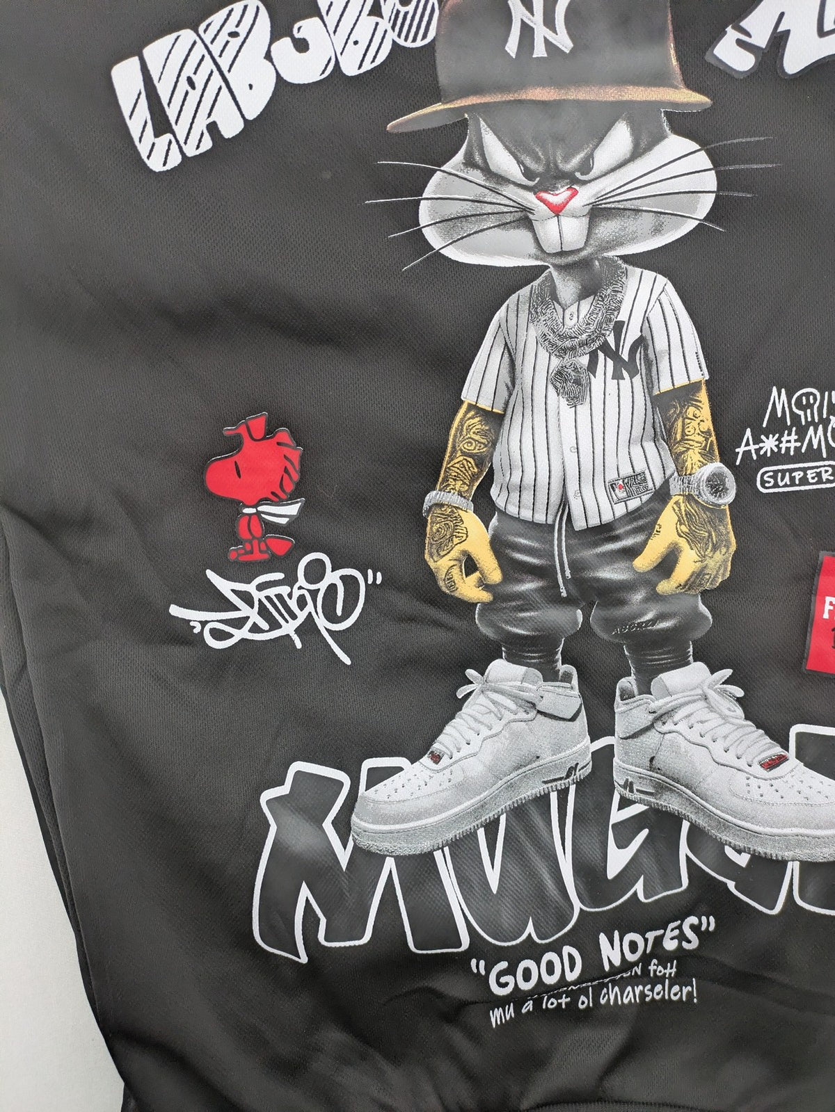 Kuima multi graphic hoodie black featuring large Bugs Bunny print and kangaroo pocket.