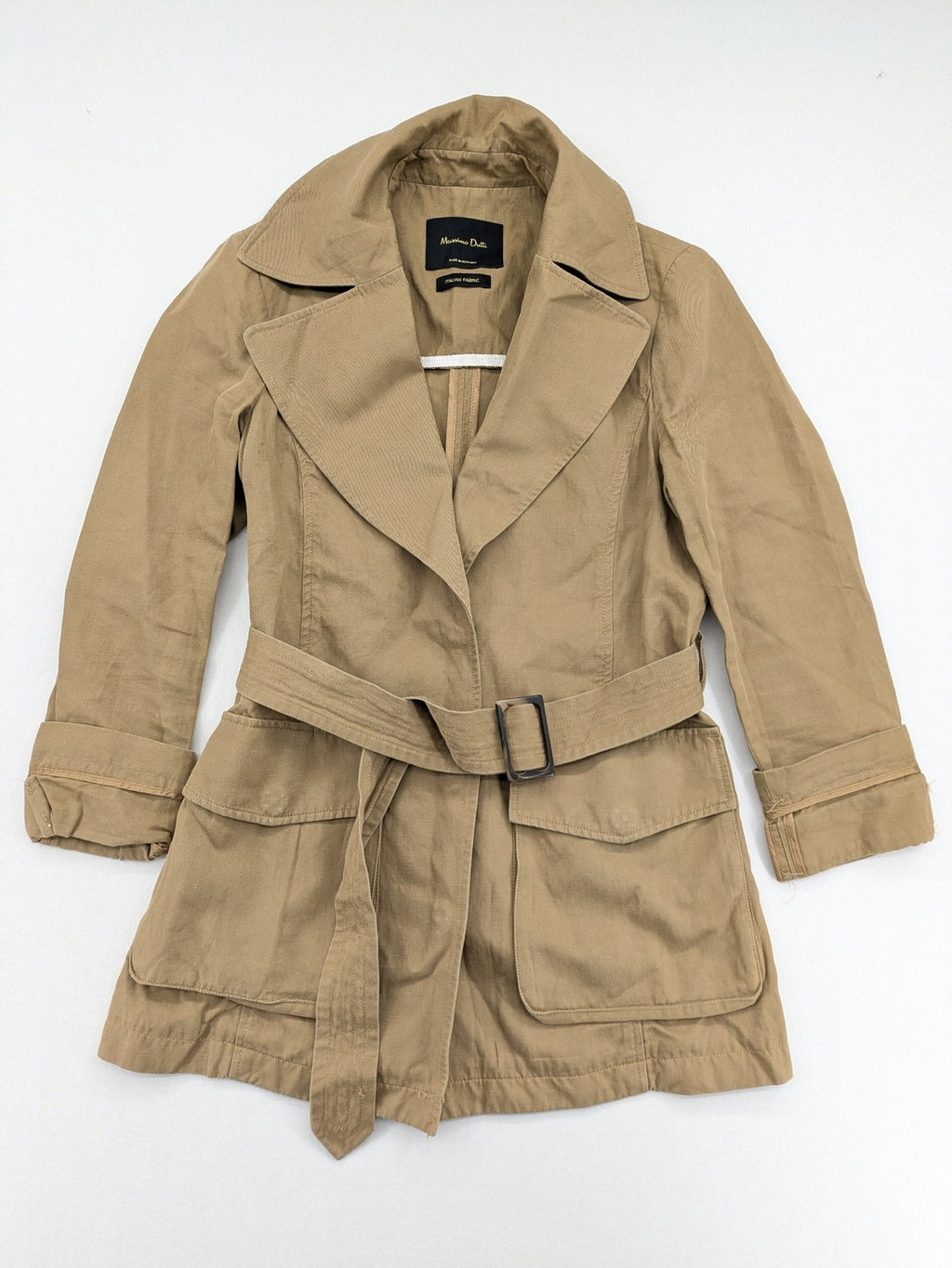 Massimo Dutti beige trench coat with belt, Italian fabric, classic design, shorter length.