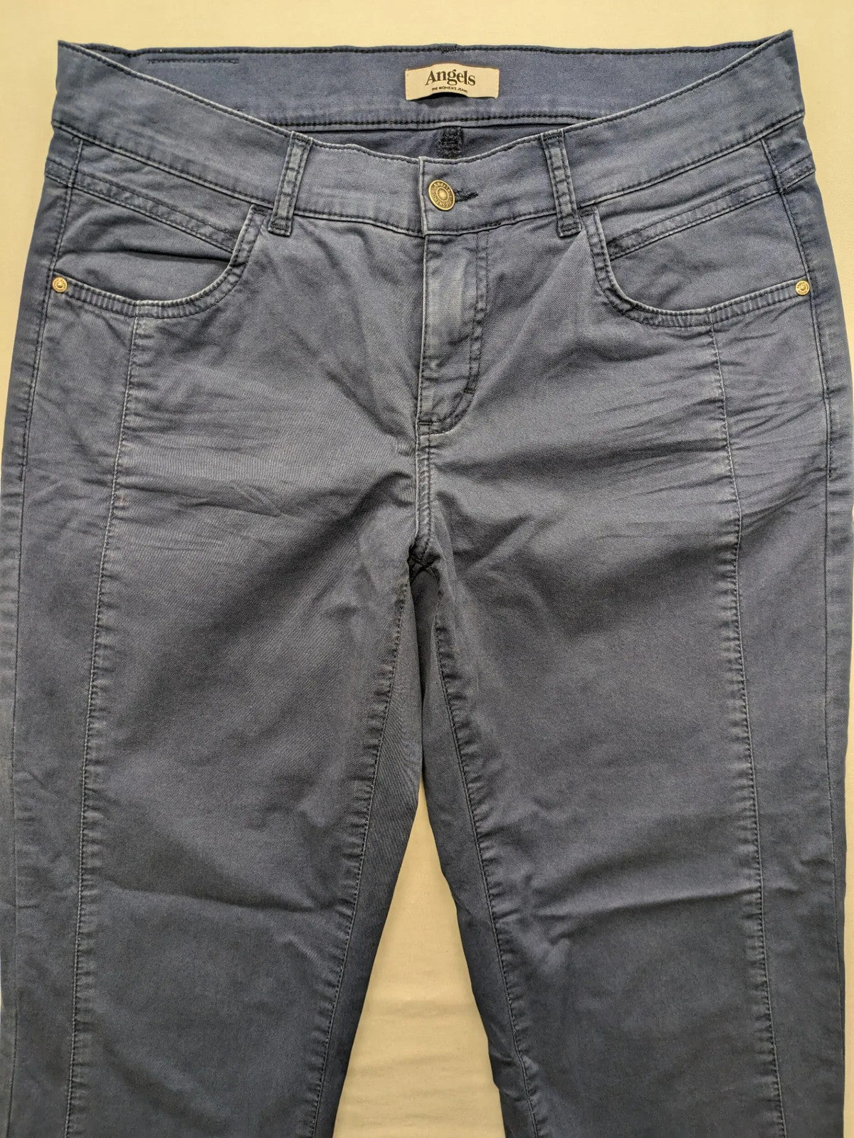 Angels blue straight jeans with five-pocket design and vertical front seams.