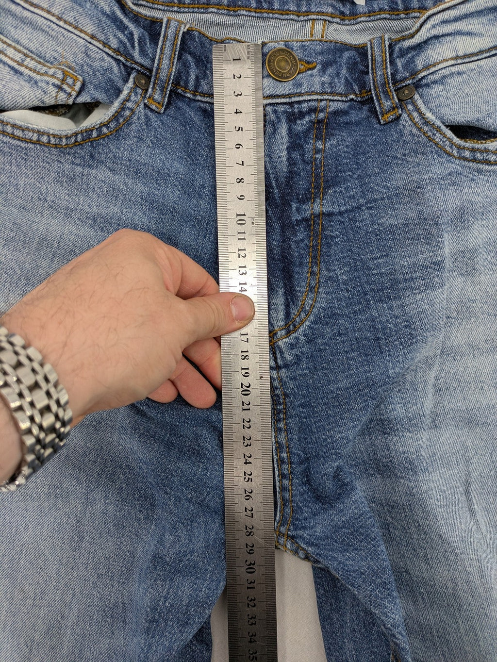 FSBN blue straight jeans with ripped distressed knees and classic button fly.