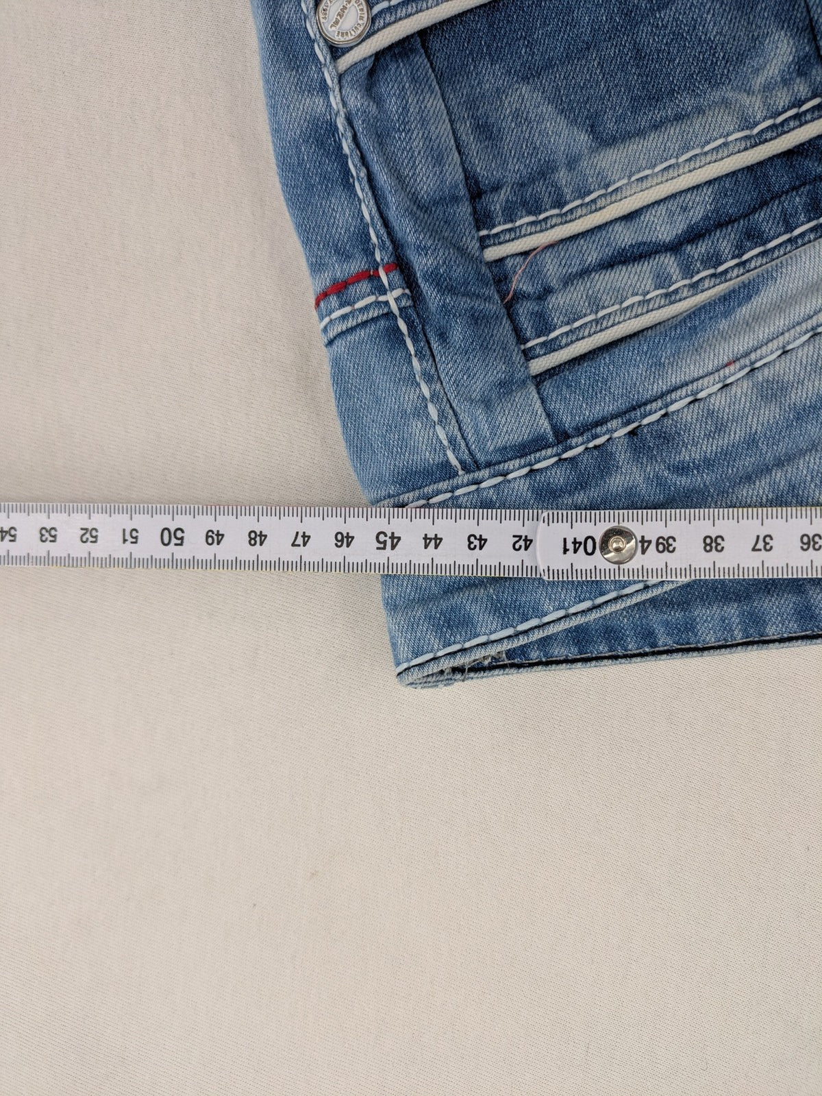 R-Neal blue straight jeans with red-white contrast stitching and classic 5-pocket design.