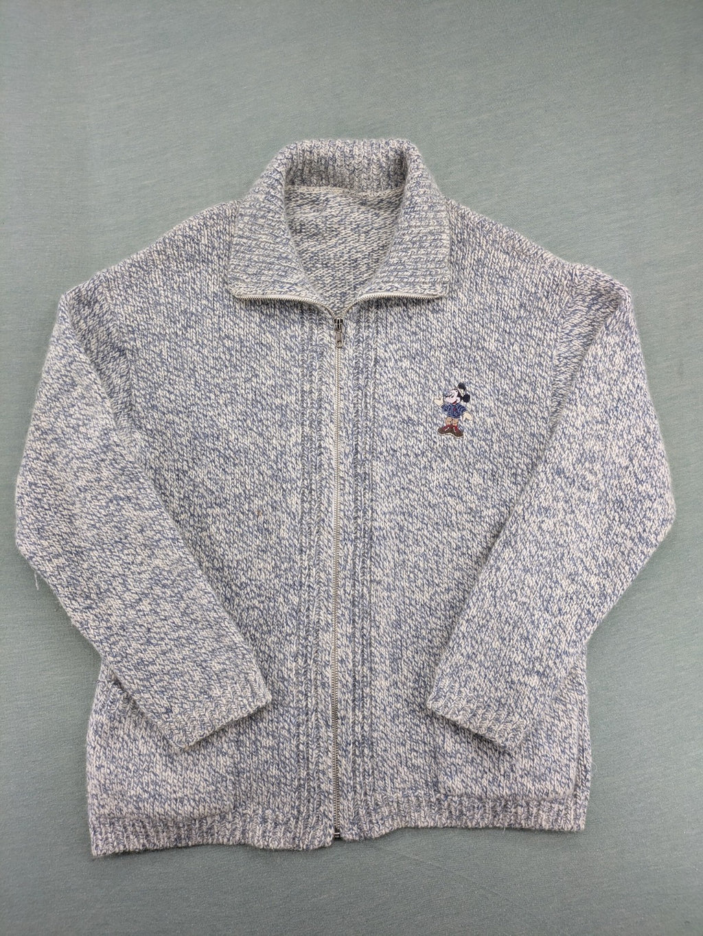 Disney blue turtle neck jumper with grey Mickey and Minnie Mouse embroidery, zip closure.