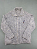 Disney blue turtle neck jumper with grey Mickey and Minnie Mouse embroidery, zip closure.