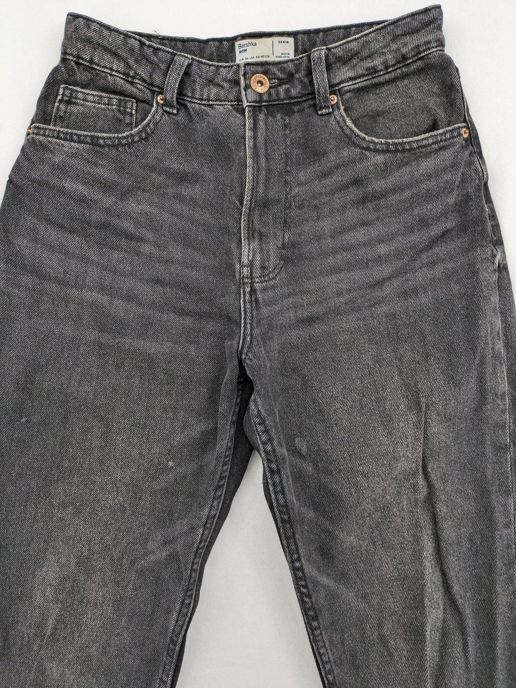 Bershka black mom jeans high-waist straight leg washed denim with classic five-pocket design.
