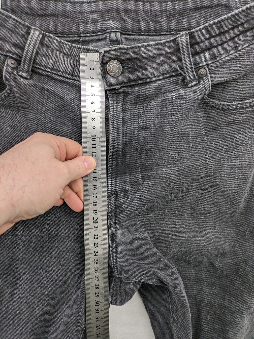 H&M grey straight jeans regular fit dark wash cotton blend with classic styling.
